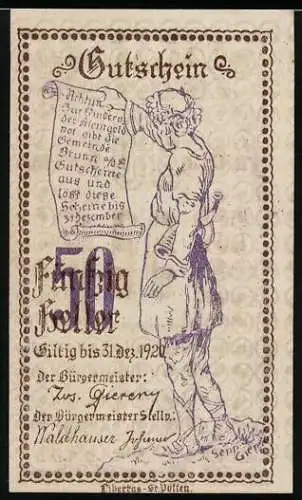 Notgeld Brunn 1920, 50 Heller, Mann mit Schriftrolle, Ausgabe und Haftungstext