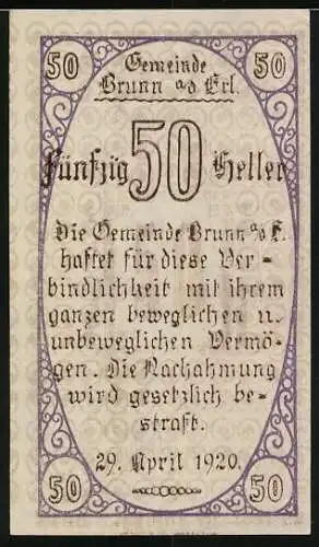 Notgeld Brunn 1920, 50 Heller, Mann mit Schriftrolle, Ausgabe und Haftungstext