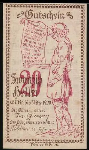 Notgeld Brunn 1920, 20 Heller, Mann mit Schriftrolle und ornamentale Umrandung