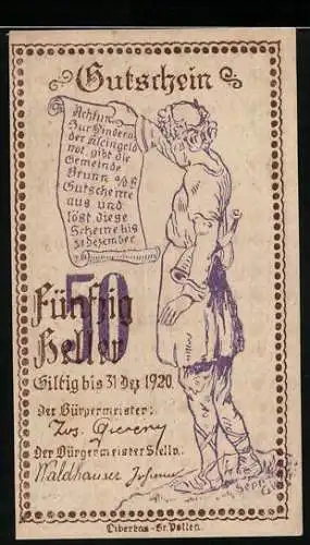 Notgeld Brunn 1920, 50 Heller, Mann mit Schriftrolle und Blumendekor