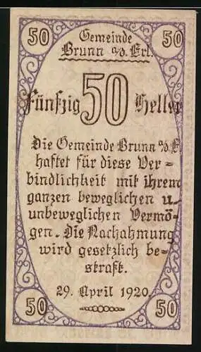 Notgeld Brunn 1920, 50 Heller, Mann mit Schriftrolle und Blumendekor