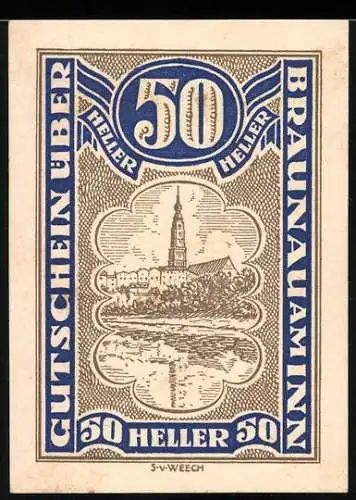 Notgeld Braunau am Inn, 50 Heller, Stadtansicht und Wappen, 1920