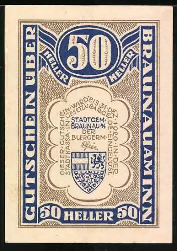 Notgeld Braunau am Inn, 50 Heller, Stadtansicht und Wappen, 1920