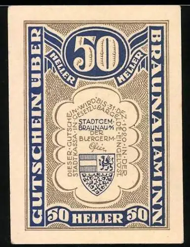 Notgeld Braunau am Inn 1920, 50 Heller, Stadtansicht und Wappen, Seriennummer und Gültigkeitsdatum