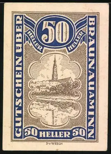 Notgeld Braunau am Inn 1920, 50 Heller, Stadtansicht und Wappen, Seriennummer und Gültigkeitsdatum