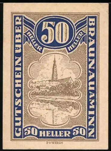 Notgeld Braunau am Inn, 50 Heller, Stadtansicht und Wappen, 1920er Jahre