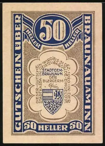 Notgeld Braunau am Inn, 50 Heller, Stadtansicht und Wappen, 1920er Jahre