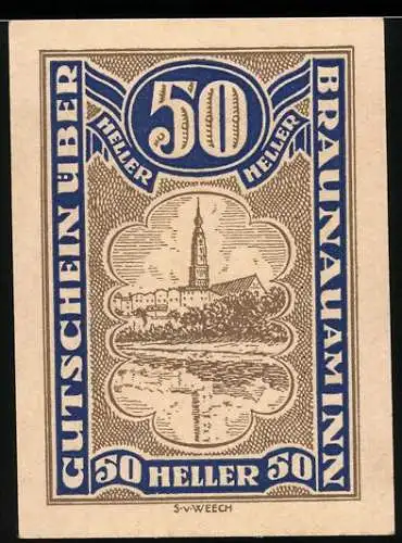 Notgeld Braunau am Inn, 50 Heller, Stadtansicht mit Wappen und Fluss