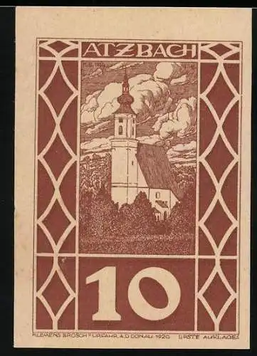 Notgeld Atzbach 1920, 10 Heller, Kirche vor Wolkenhimmel