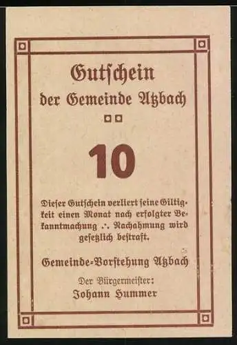 Notgeld Atzbach 1920, 10 Heller, Kirche vor Wolkenhimmel