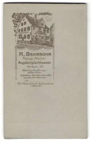 Fotografie R. Behrbohm, Augsburg, Ansicht Augsburg-Lechhausen, Foto-Atelier Yorkstr. 35, Rückseitig Damen Portrait