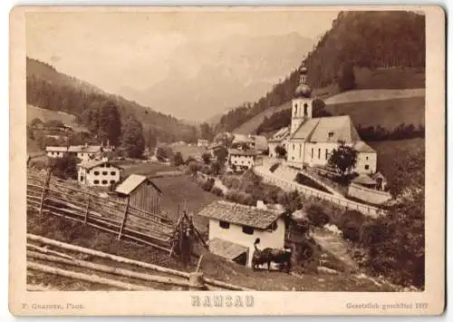 Fotografie Franz Grainer, Reichenhall, Ansicht Ramsau, Kirche und Bachlauf im Ort um 1887