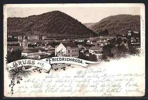 Lithographie Friedrichroda, Gesamtansicht des Ortes