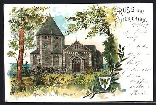 Lithographie Friedrichsruh, Mausoleum des Fürsten Bismarck, Wappen, Eichenlaub