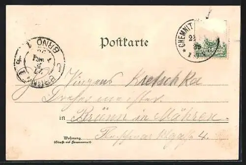 Lithographie Chemnitz, Siegesdenkmal, Altes Rathaus, Kgl. Amts-Landgericht