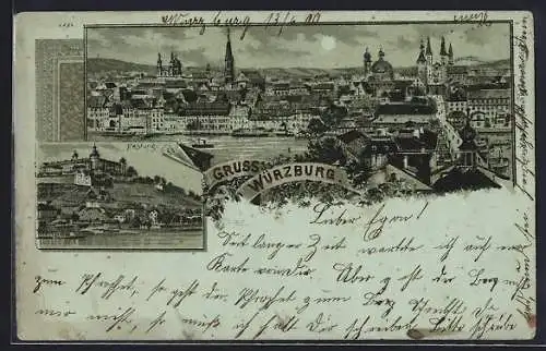 Mondschein-Lithographie Würzburg, Die Festung, Gesamtansicht