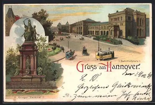 Lithographie Hannover, Strassenbahn auf dem Bahnhofplatz und Kriegerdenkmal