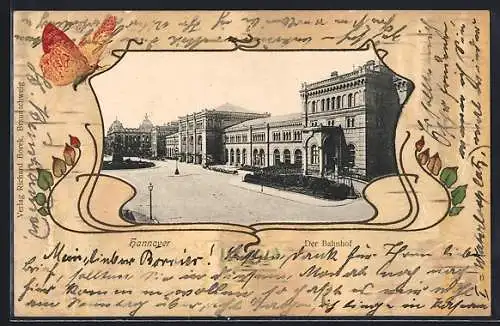 Lithographie Hannover, Blick auf den Bahnhof, Jugendstil-Passepartout mit Schmetterling