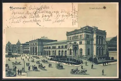 Lithographie Hannover, Blick auf den Staatsbahnhof