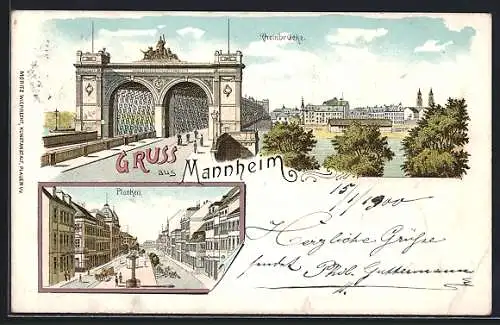 Lithographie Mannheim, Partie in den Planken, Rheinbrücke