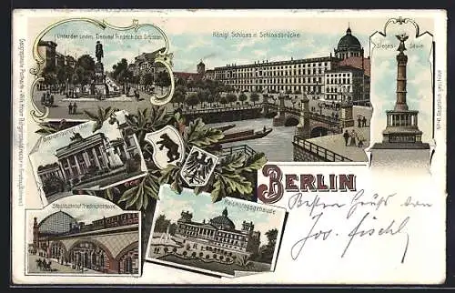 Lithographie Berlin, Königliches Schloss mit Schlossbrücke, Siegessäule