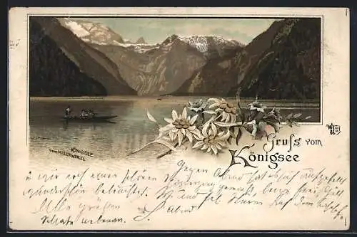 Lithographie Königsee / Berchtesgaden, Fähre auf dem See gegen Berggipfel