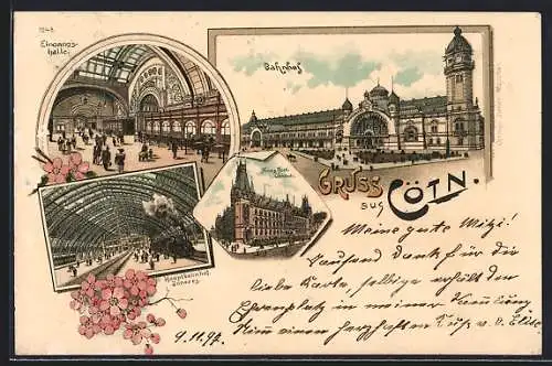 Lithographie Köln, Bahnhof, Eingangshalle, Aussen- u. Innenansicht, Neues Postgebäude