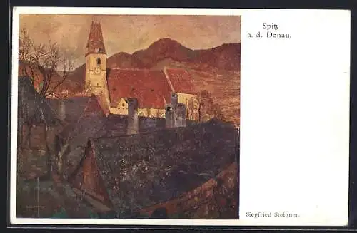 Künstler-AK Siegfried Stoitzner: Spitz a/Donau, Kirche im Stadtbild