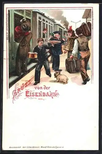 Lithographie Junge mit Gebäck und Bierkrügen rennt eine Eisenbahn entlang