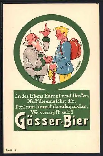 Künstler-AK In des Lebens Kampf und Hasten..., Gösser Brauerei-Werbung