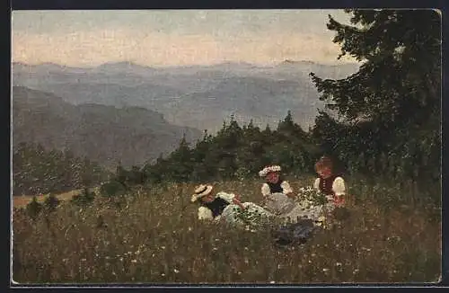 AK Drei Frauen auf einer Blumenwiese