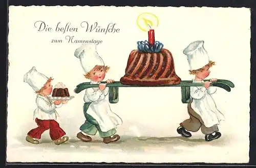 AK Drei Bäcker tragen einen Kuchen, Glückwunsch zum Namenstag