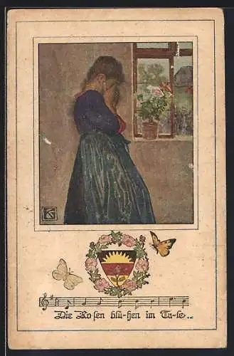 Künstler-AK Karl Friedrich Gsur, Deutscher Schulverein Nr. 1065: Die Rosen blühen im Tale, Mädchen weint am Fenster