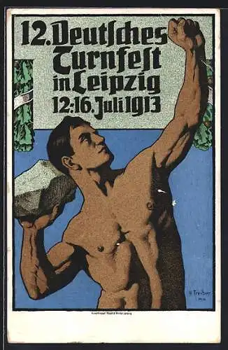 AK Leipzig, 12. Deutsches Turnfest 1913 - Athlet mit nacktem Oberkörper beim Steinstossen