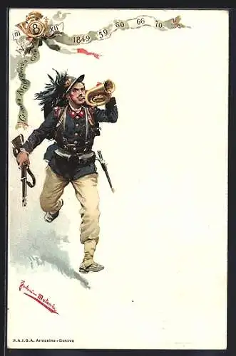 AK 8. Reggimento Bersaglieri, Infanterist mit Gewehr und Trompete, Regimentswappen & Stempel