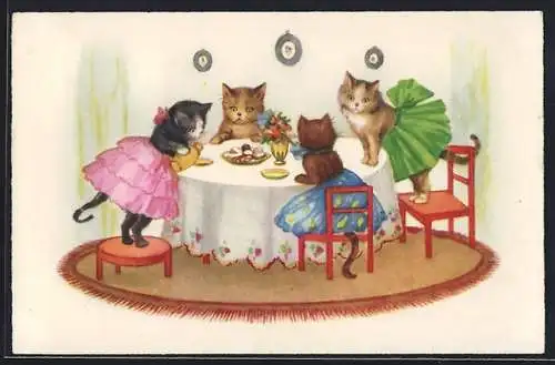 Künstler-AK Vier Katzen sitzen zusammen am Tisch