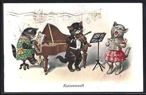 Künstler-AK Drei Katzen spielen zusammen Musik