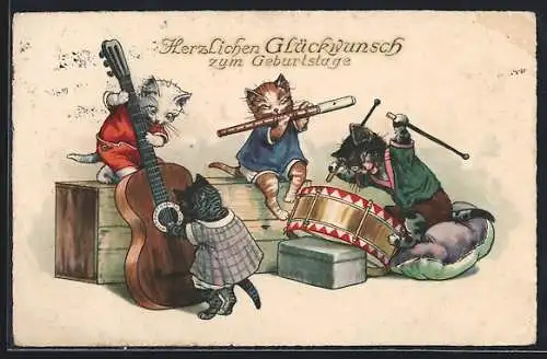 Künstler-AK Katzenkinder spielen zusammen Musik