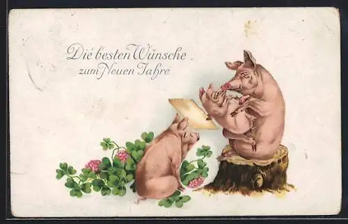 Künstler-AK Schweinemutter gibt ihrem Kind einen Kuss, Geburtstagskarte