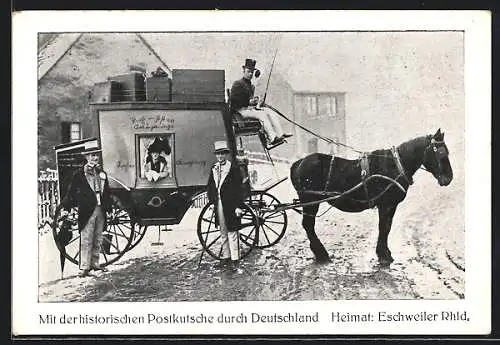 AK Eschweiler / Rhld., Reise von drei lustigen Rheinländern in der Postkutsche durch Deutschland