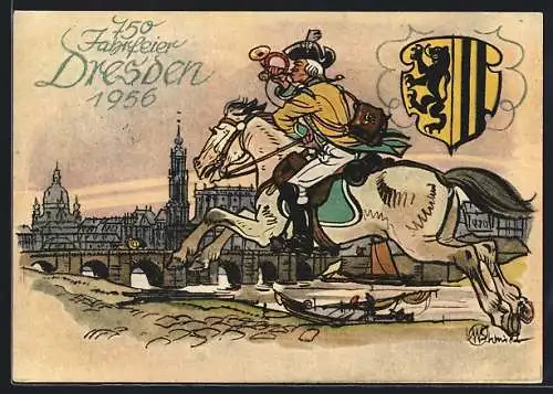 Künstler-AK Dresden, Briefmarken-Ausstellung Sachsenschau 1956 anlässlich der 750 Jahrfeier, Postillon