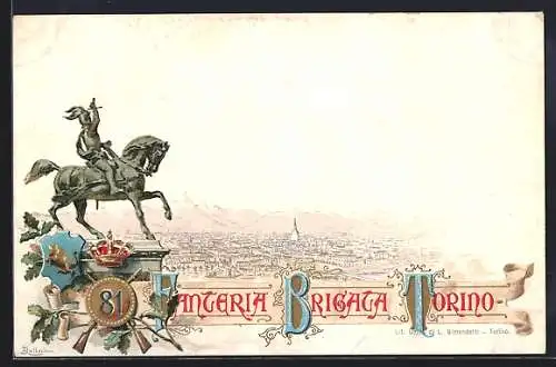 Lithographie Torino, Fanteria Brigata Torino, 81. italienisches Regiment, Reiterstatue