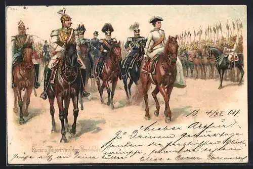 Lithographie Berlin, Kaiserin und Kaiser bei Parade