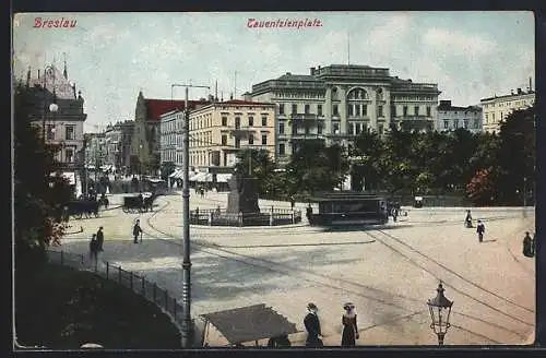 AK Breslau, Strassenbahn auf dem Tauentzienplatz