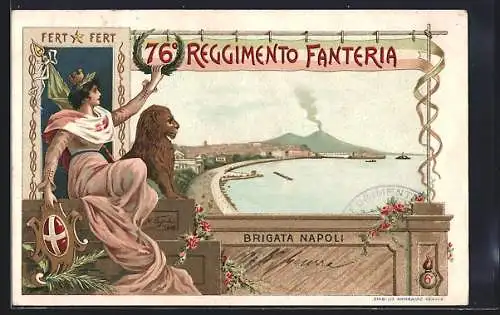 Lithographie Napoli, 76. Reggimento Fanteria, Brigata Napoli, Frau mit Löwe, Vesuv