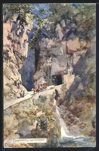 Künstler-AK Edward Theodore Compton: Eggental-Schlucht, Kutsche am Wasserfall