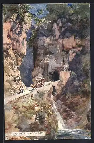 Künstler-AK Edward Theodore Compton: Eggental-Schlucht, Kutsche am Wasserfall