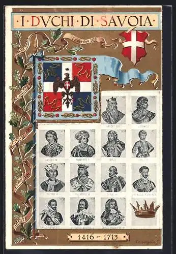 Künstler-AK Italien, I Duchi di SDavoia, Wappen, Portraits der vergangenen Monarchen