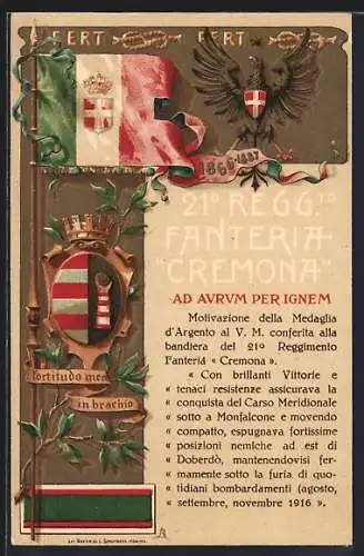 Künstler-AK 21° Reggimento Fanteria Cremona, Italienisches Infanterie-Regiment