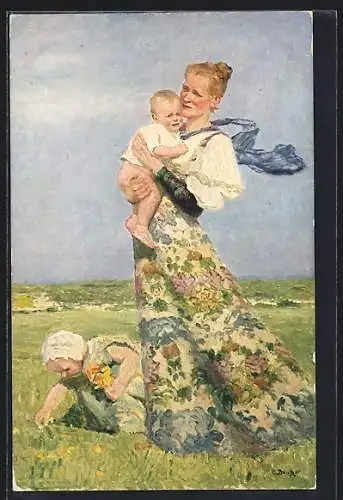 Künstler-AK Dresden, Margarittentag 1911, Mutter im Blumenkleid mit Kind auf dem Arm